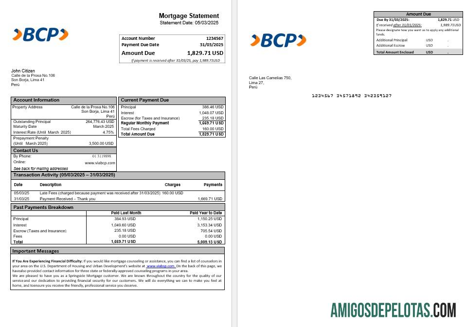 Extrato de hipoteca do Peru Banco De Credito (BCP) em formatos Word e PDF amostra